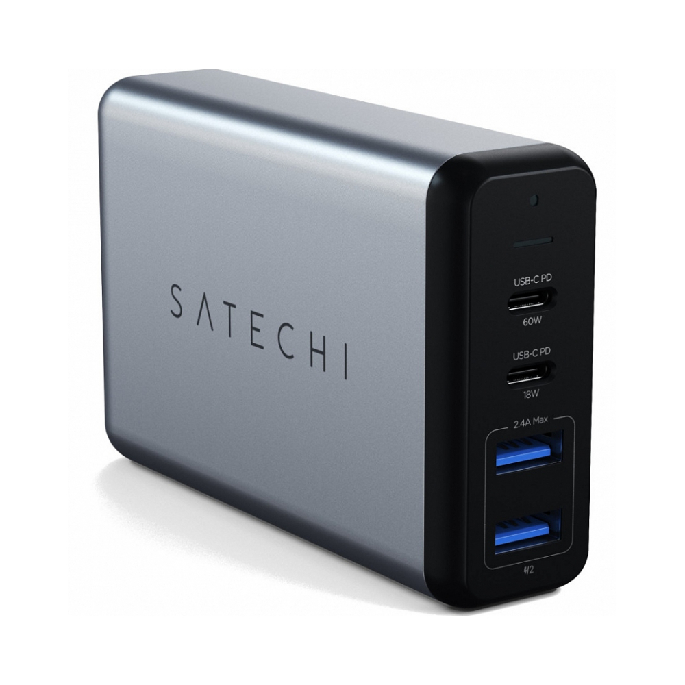Сетевое зарядное устройство Satechi Dual 75W Type-C Travel Charger with USB-C PD Fast. Цвет серебрян